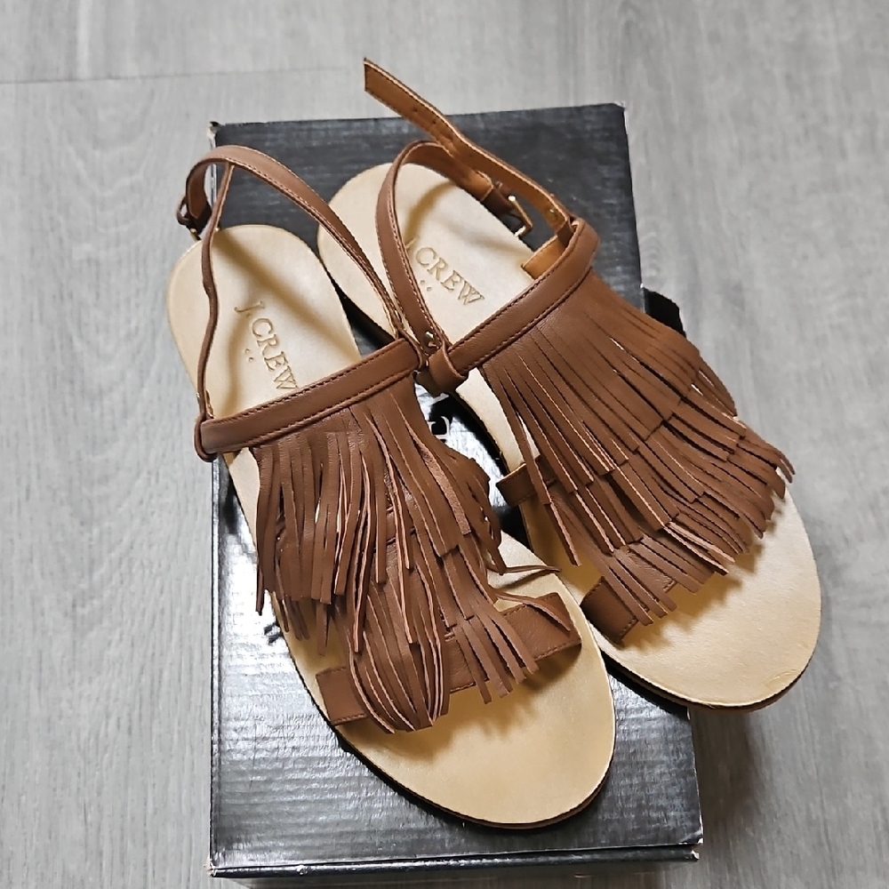 J. Crew Factory Brown Leather Fringe Sandals